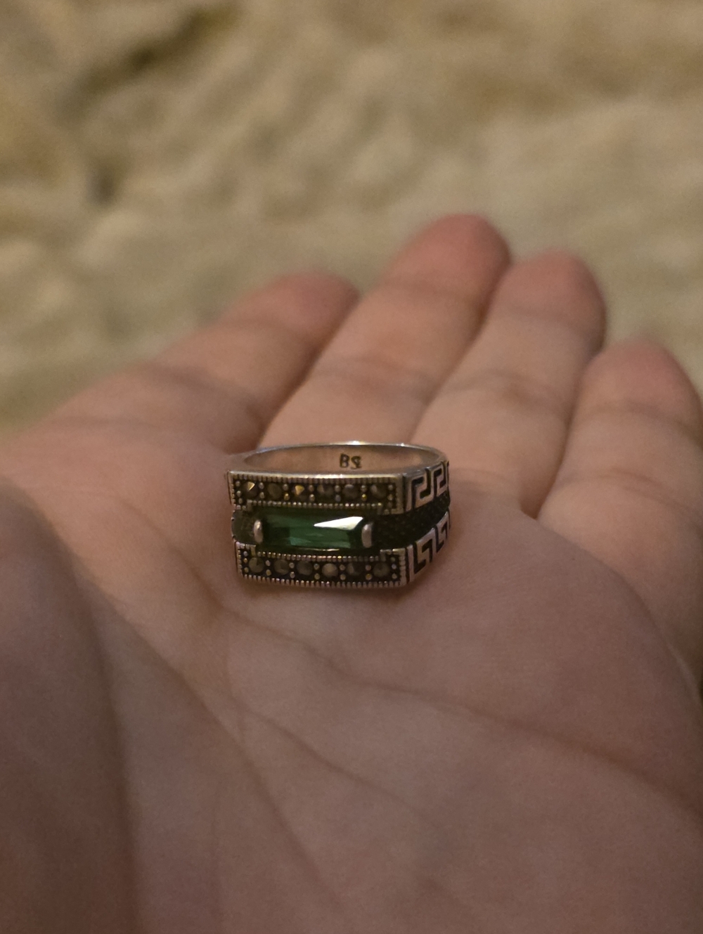Sterling Silver Signet Green Ring